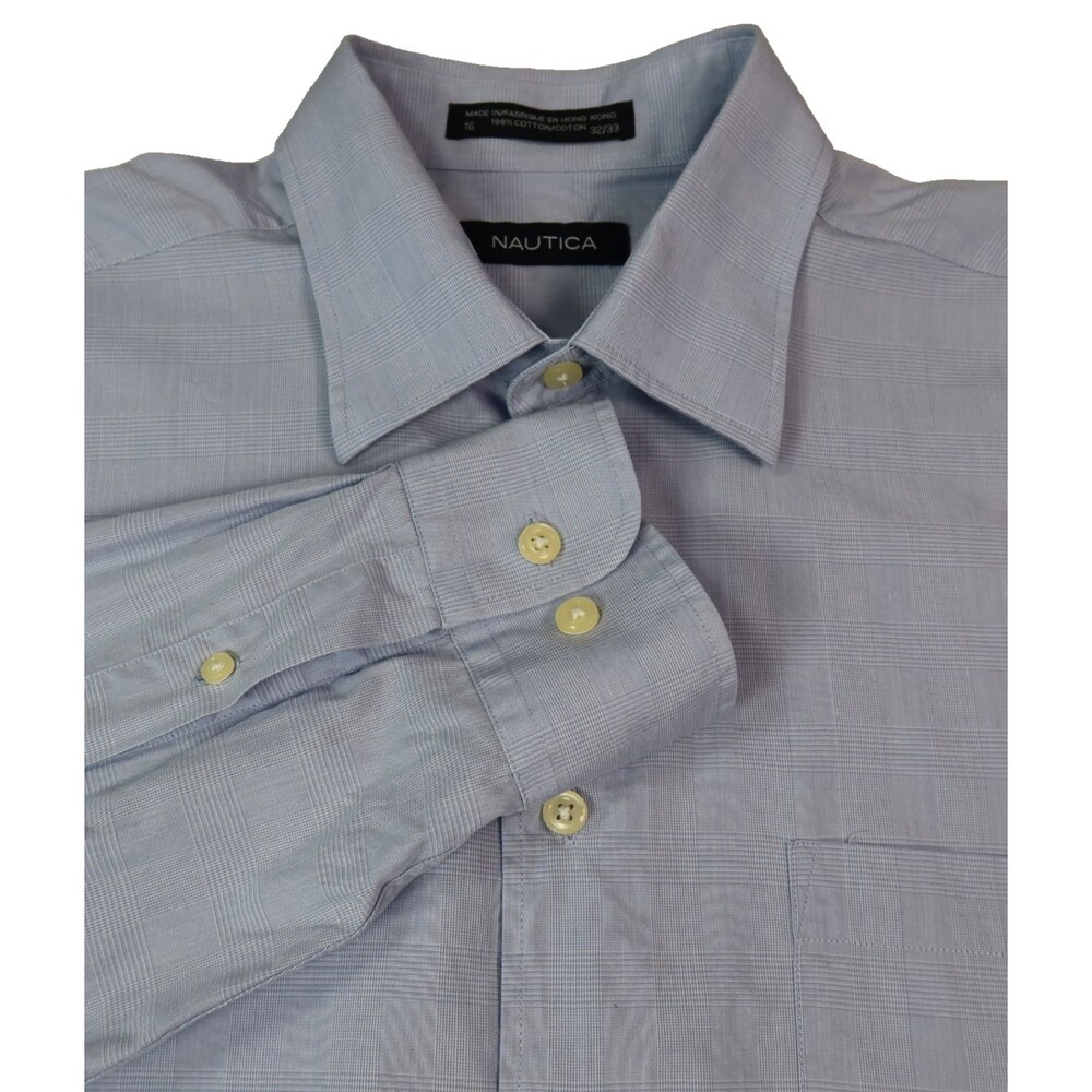 Nautica Long Sleeve Button Up Shirt Men's Size 16X32-33 Blue Plaid 100% Cotton